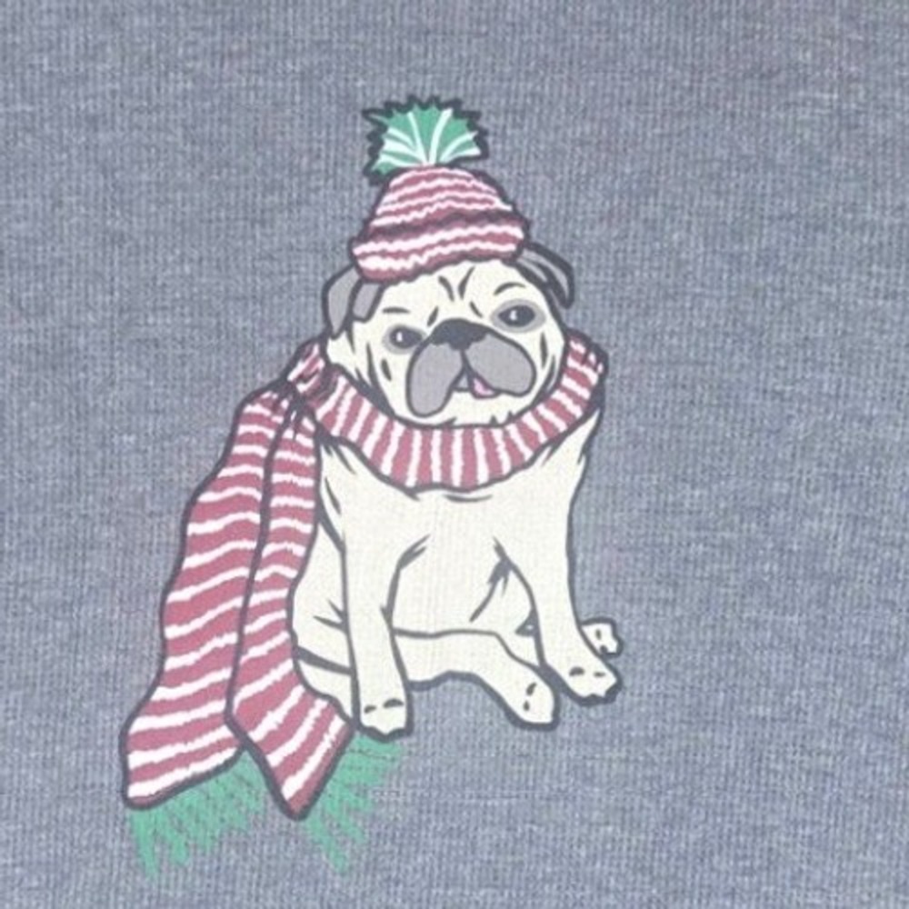 Old Navy Thermal Knit Top Women Large Gray Pug Dog Graphic Long Sleeve Waffle